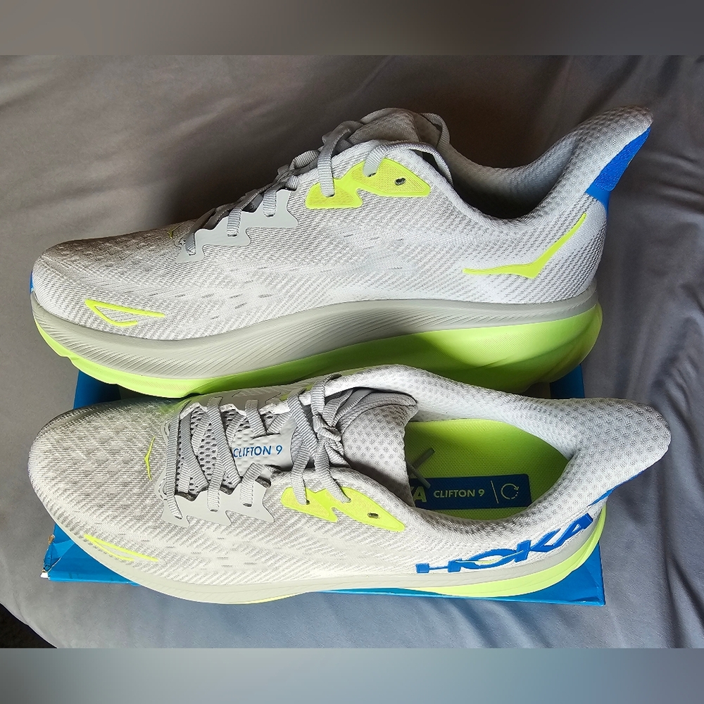 Hoka Men's Clifton 9 Shoes - White, Blue, and Neon Yellow